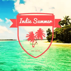 indie summer playlist cover showing a beach with palms and the sea